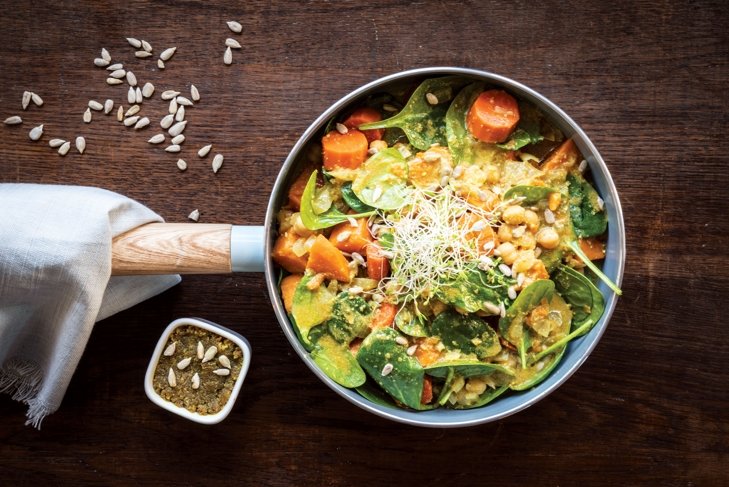 Sunflower Seed Turmeric Butter / Sweet Potato and Spinach Curry